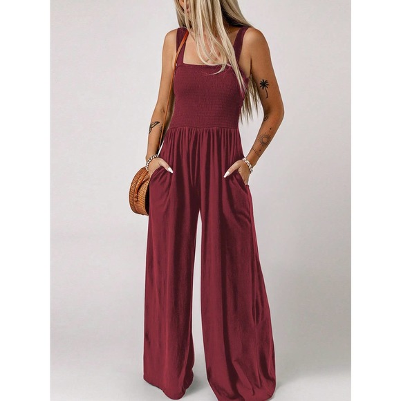 🌟 boho Cami strap smocked bust Wide Leg Jumpsuit with pockets - Picture 8 of 11